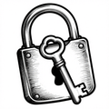 Illustrative drawing of a padlock with a key in black and white, emphasizing security and vintage style.