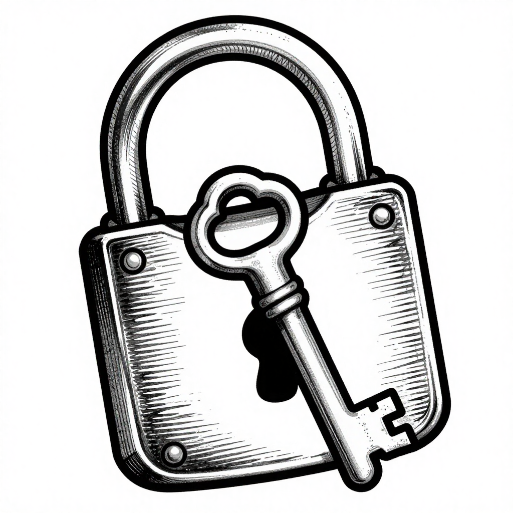 Illustrative drawing of a padlock with a key in black and white, emphasizing security and vintage style.