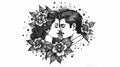 Black and white illustration of a couple about to kiss, surrounded by roses.