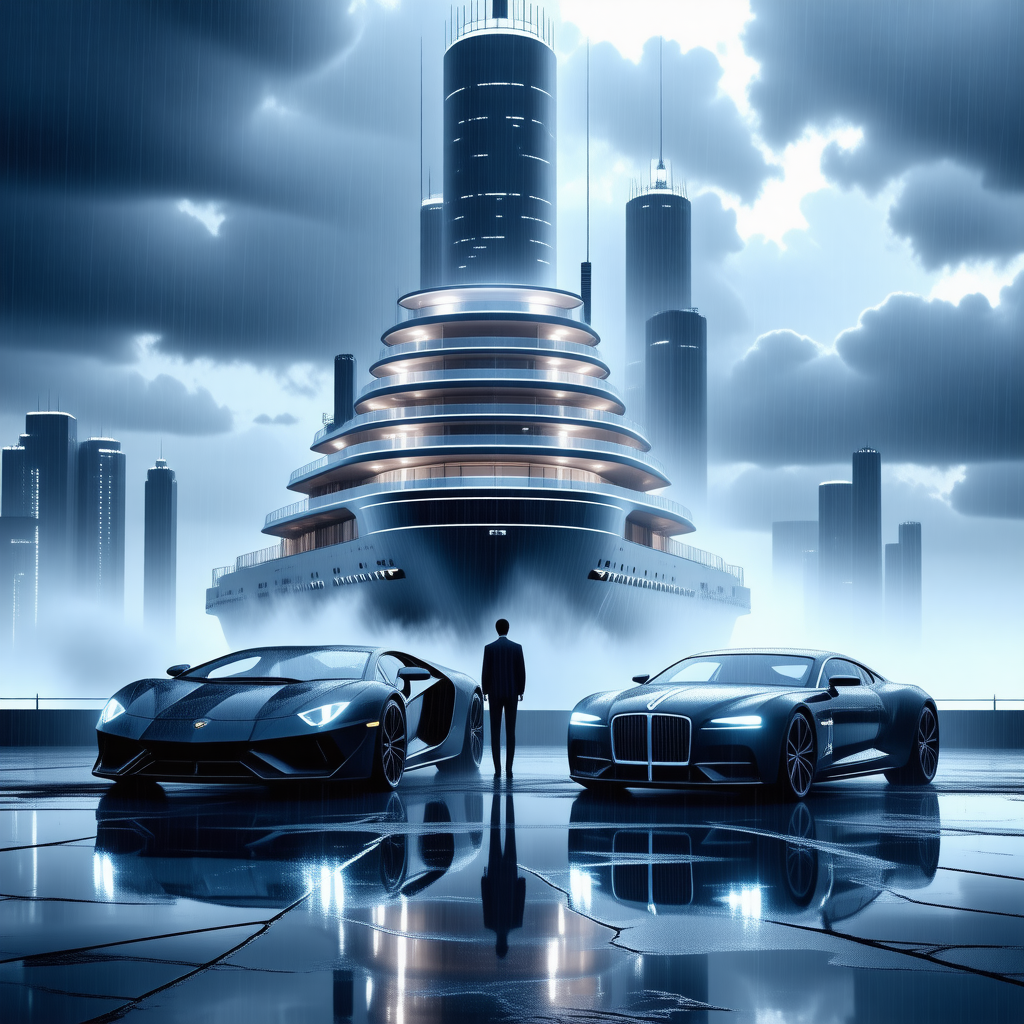 Futuristic cityscape with luxury cars and a yacht in front of skyscrapers on a rainy night.