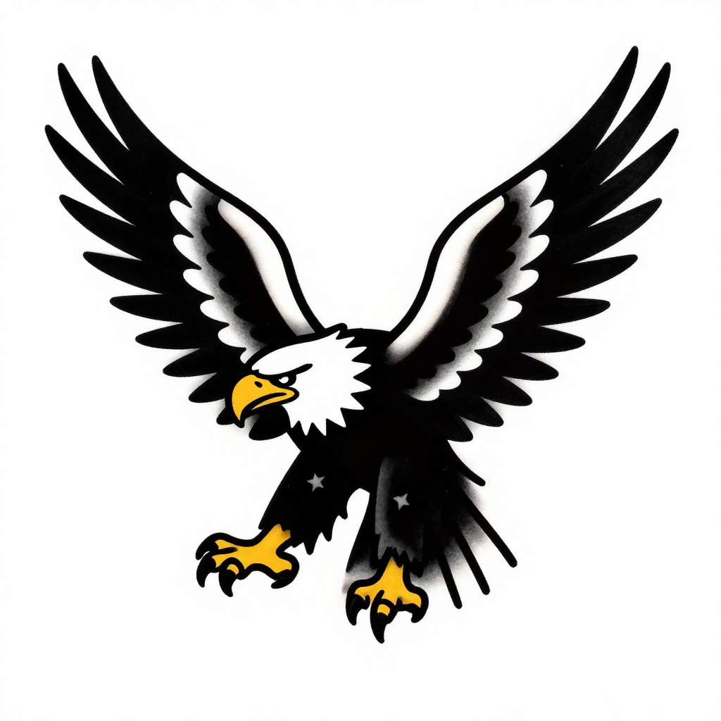 Illustration of a fierce eagle with spread wings and extended talons in a traditional style.
