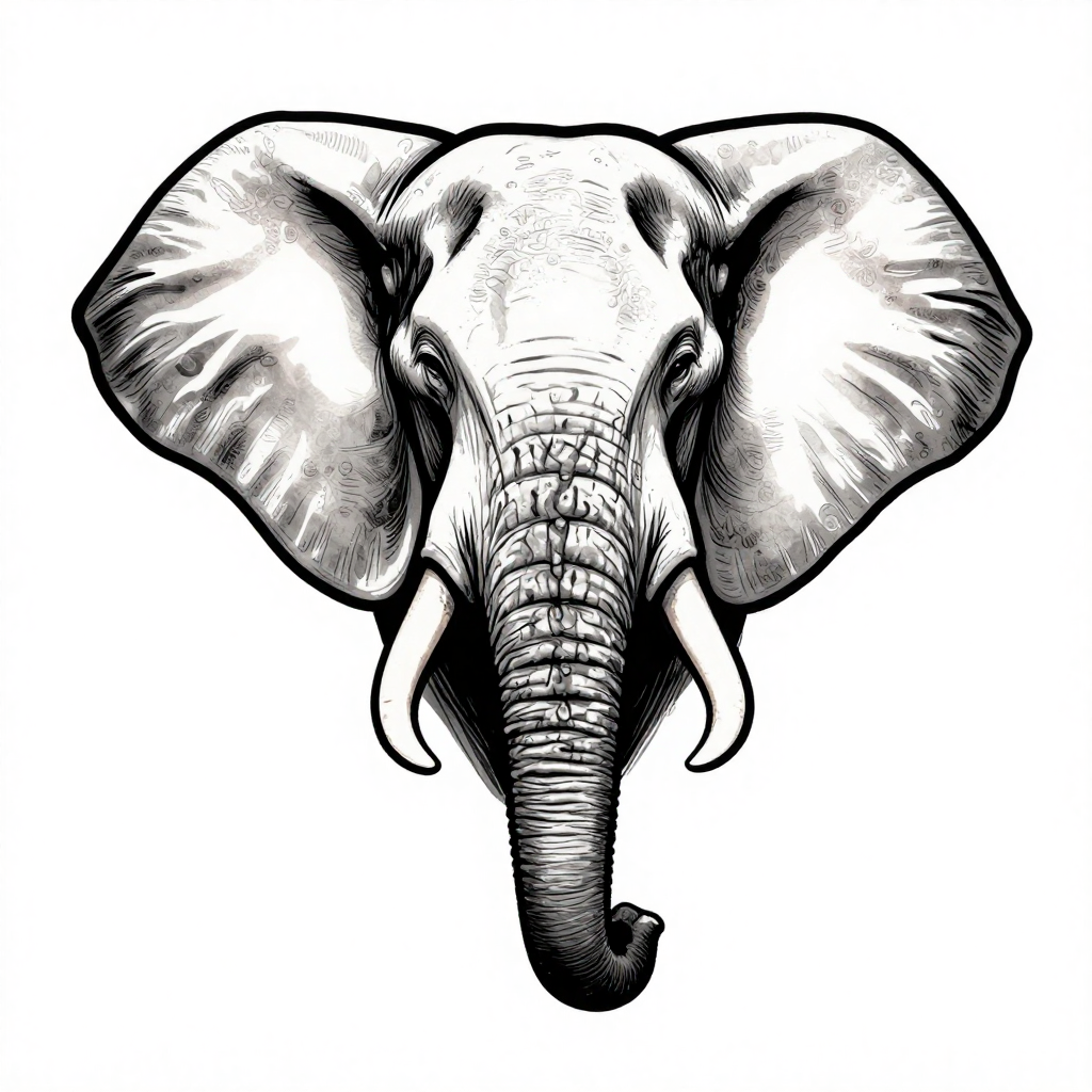Detailed black and white illustration of an elephant head with intricate linework.