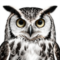 A hyperrealistic black and white portrait of an owl with detailed feathers and piercing eyes.