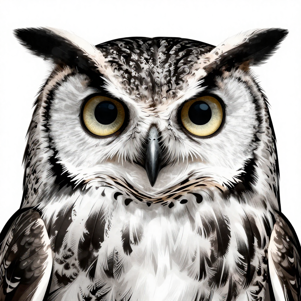 A hyperrealistic black and white portrait of an owl with detailed feathers and piercing eyes.