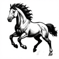 Illustration of a galloping stallion in black and white with a flowing mane and powerful stance.