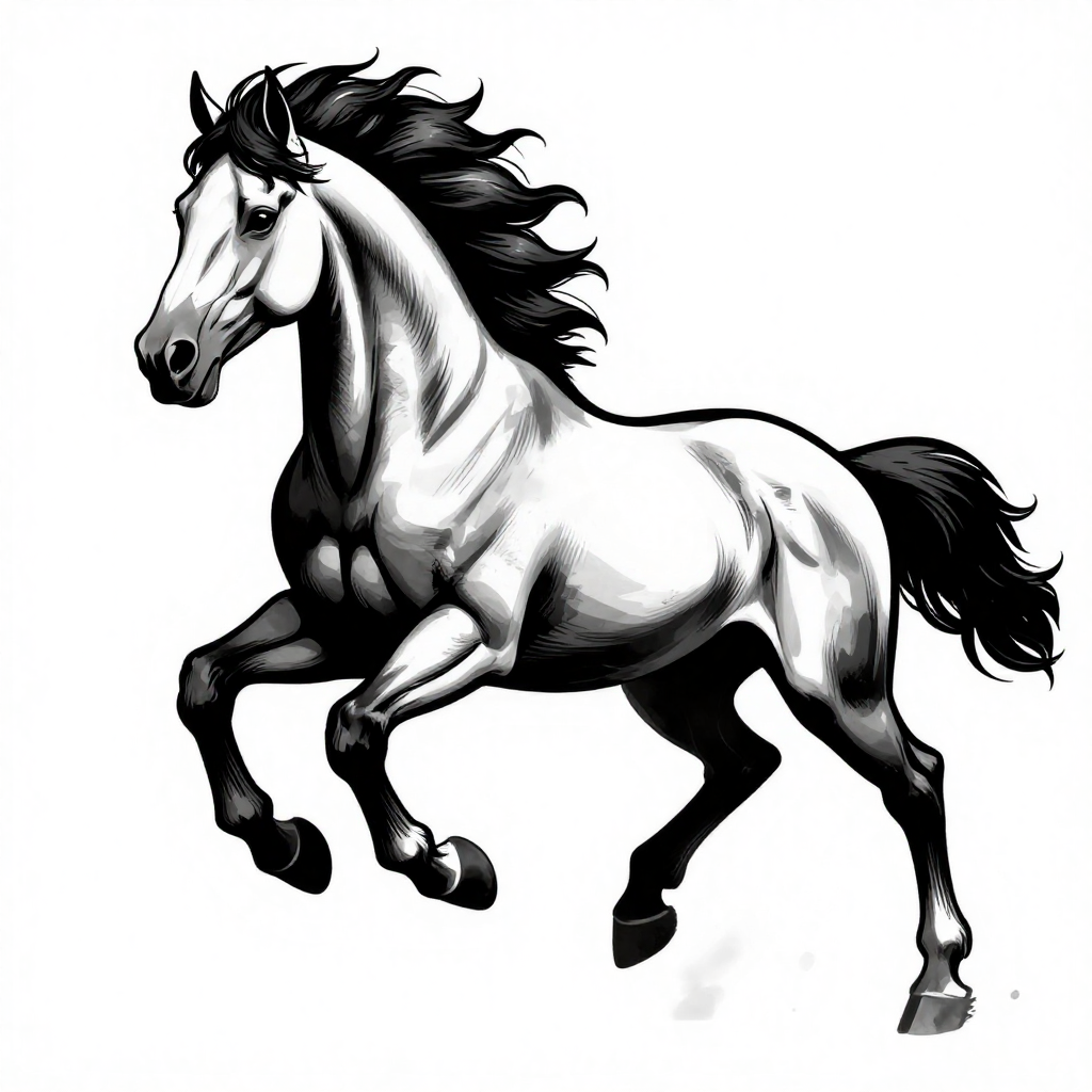 Illustration of a galloping stallion in black and white with a flowing mane and powerful stance.