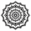 An intricate black and white mandala with geometric patterns and dotwork style.