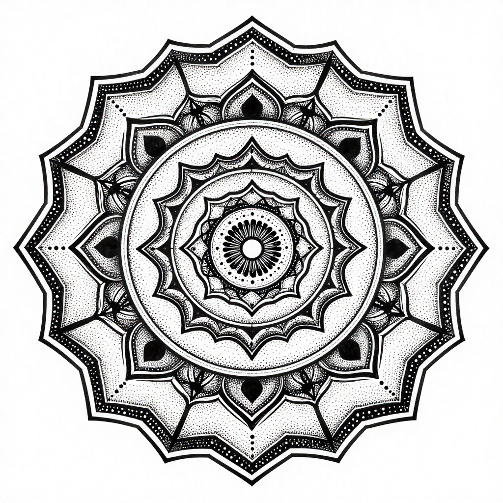 An intricate black and white mandala with geometric patterns and dotwork style.