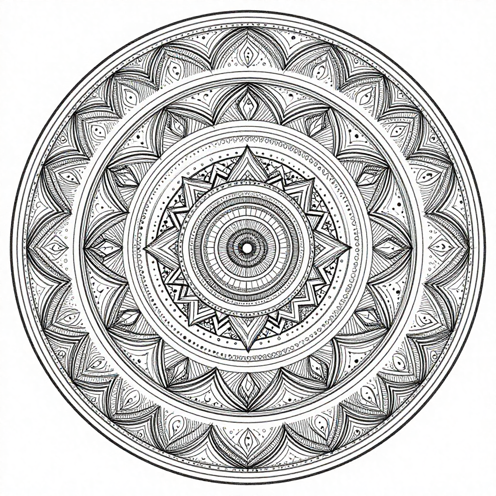 Intricate black and white mandala with geometric patterns and symmetrical designs.