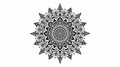 Intricate black and white mandala with geometric patterns and radial symmetry.