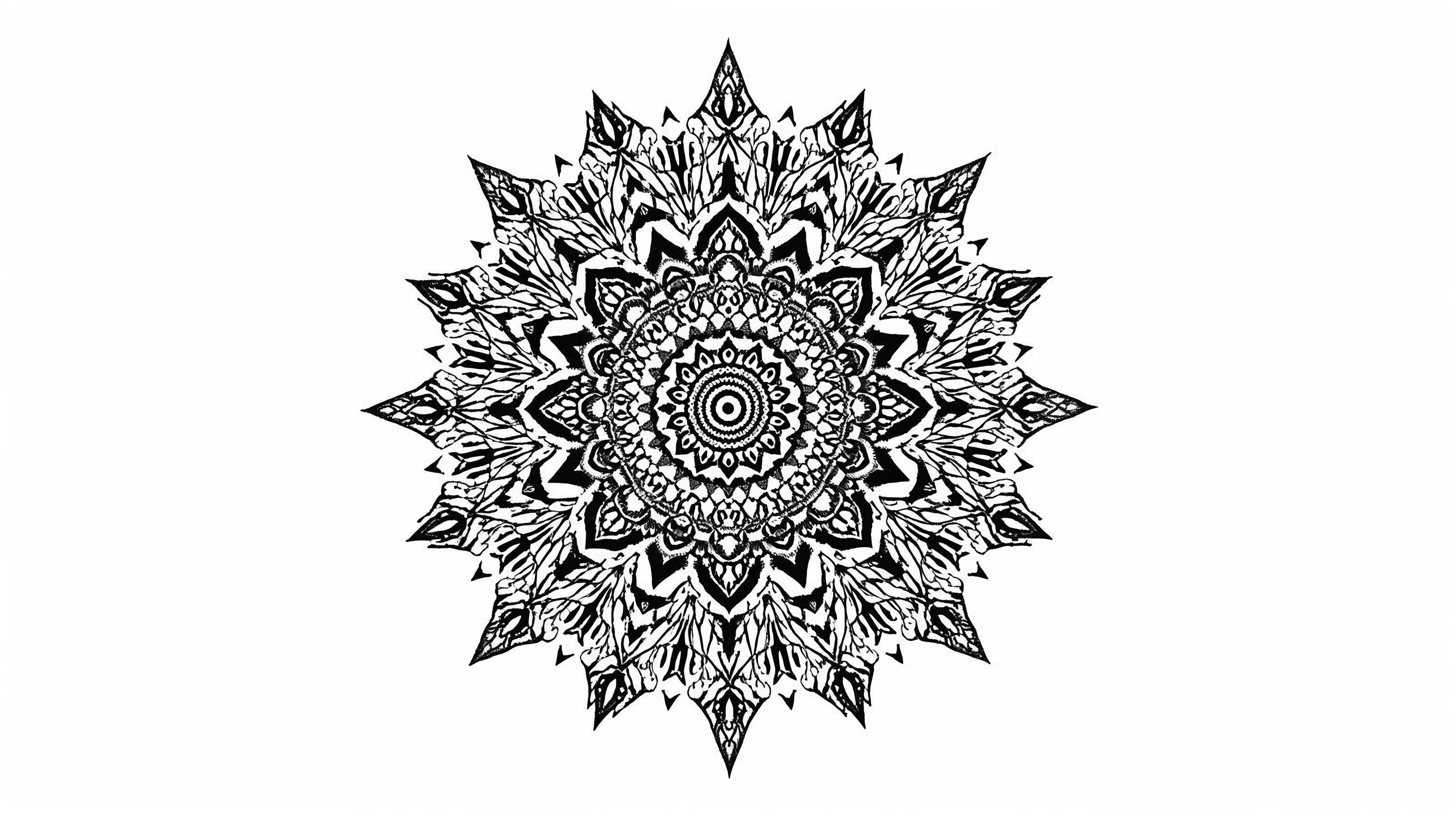 Intricate black and white mandala with geometric patterns and radial symmetry.