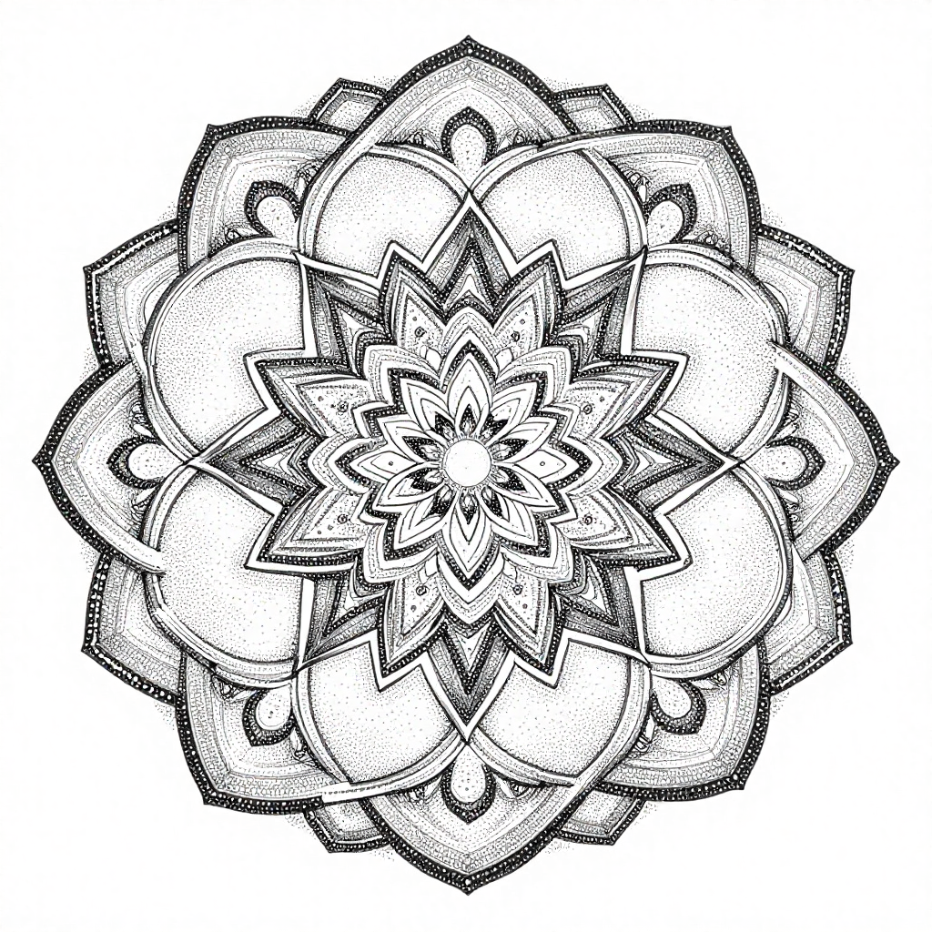 Intricate black and white mandala design with dotwork patterns.
