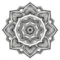 Intricate black and white geometric mandala design showcasing symmetrical patterns and floral elements.