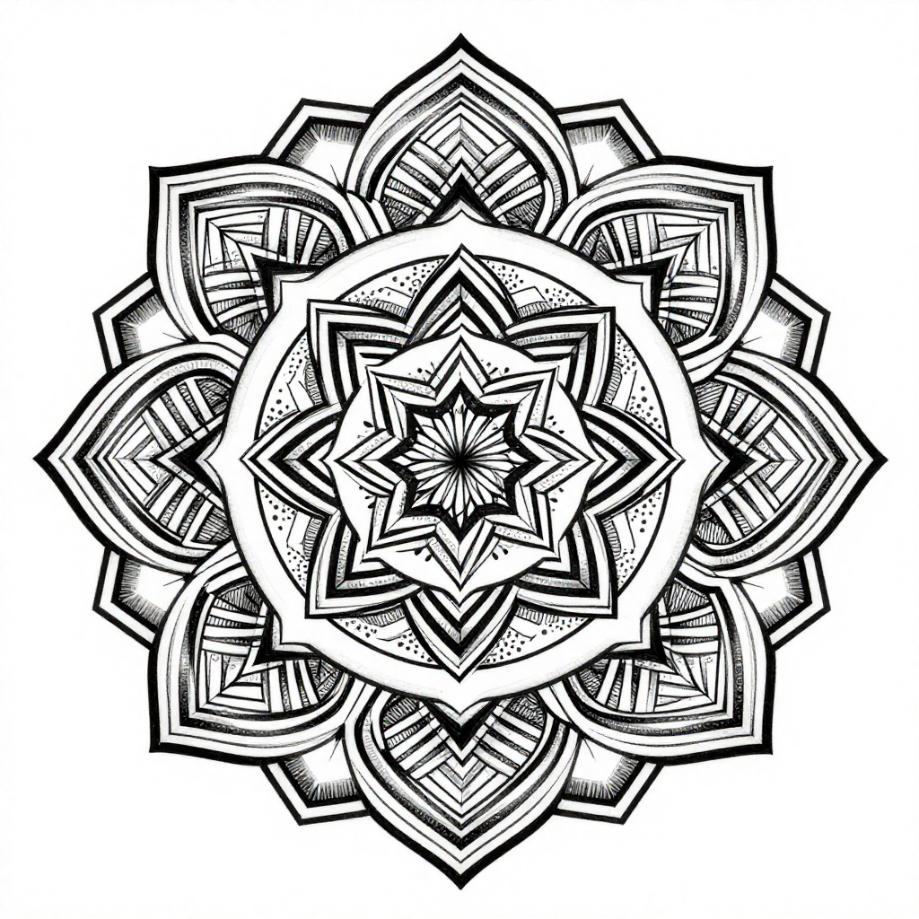 Intricate black and white geometric mandala design showcasing symmetrical patterns and floral elements.