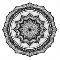 Intricate black and white mandala with dotwork and symmetrical patterns.