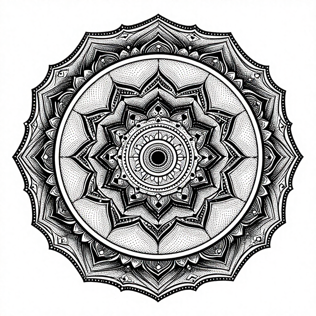 Intricate black and white mandala with dotwork and symmetrical patterns.