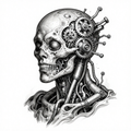 An illustration of a human skull integrated with mechanical gears in a steampunk style.