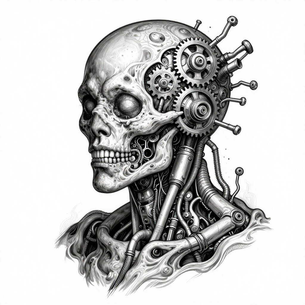 An illustration of a human skull integrated with mechanical gears in a steampunk style.