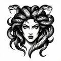 Black and white illustration of a woman with snake-like hair and a fierce expression, representing Medusa in neo-traditional style.