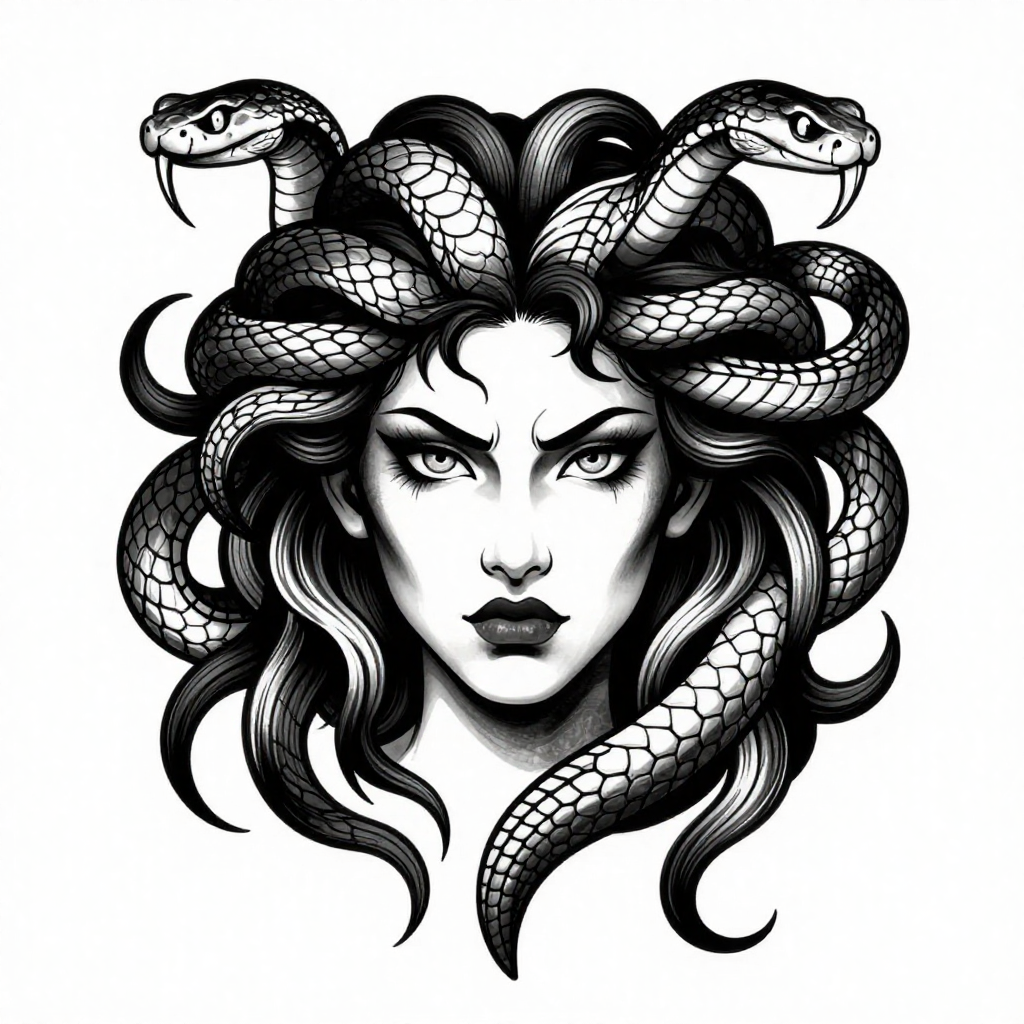 Black and white illustration of a woman with snake-like hair and a fierce expression, representing Medusa in neo-traditional style.