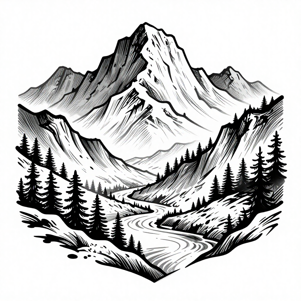 Black and white engraving of a mountain range with a river and pine trees.