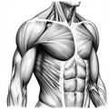 Detailed anatomical illustration showing the muscular structure of the upper torso in black and white.