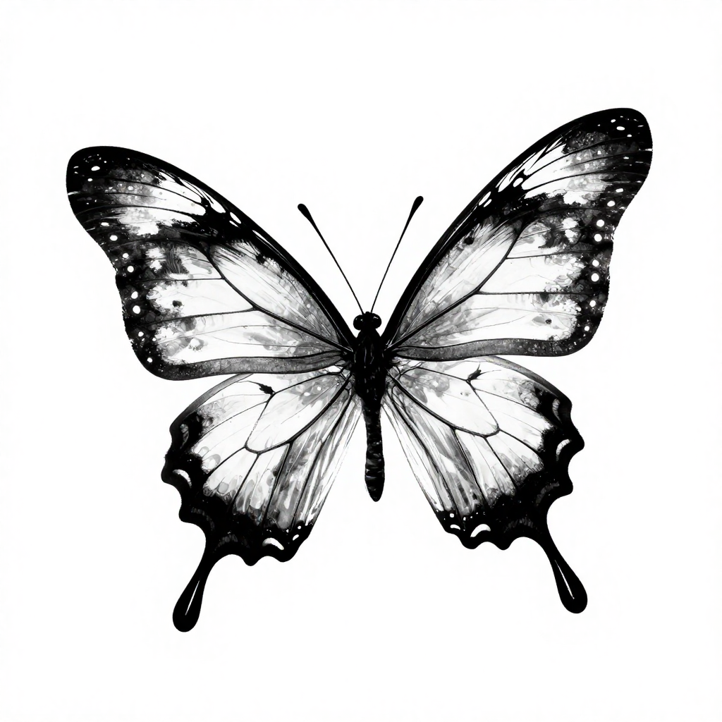 Black and white butterfly illustration with intricate ink details and symmetrical wings.