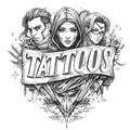 A black and white sketch of three fantasy characters with bold outlines and intricate details, exuding a mystical aura.