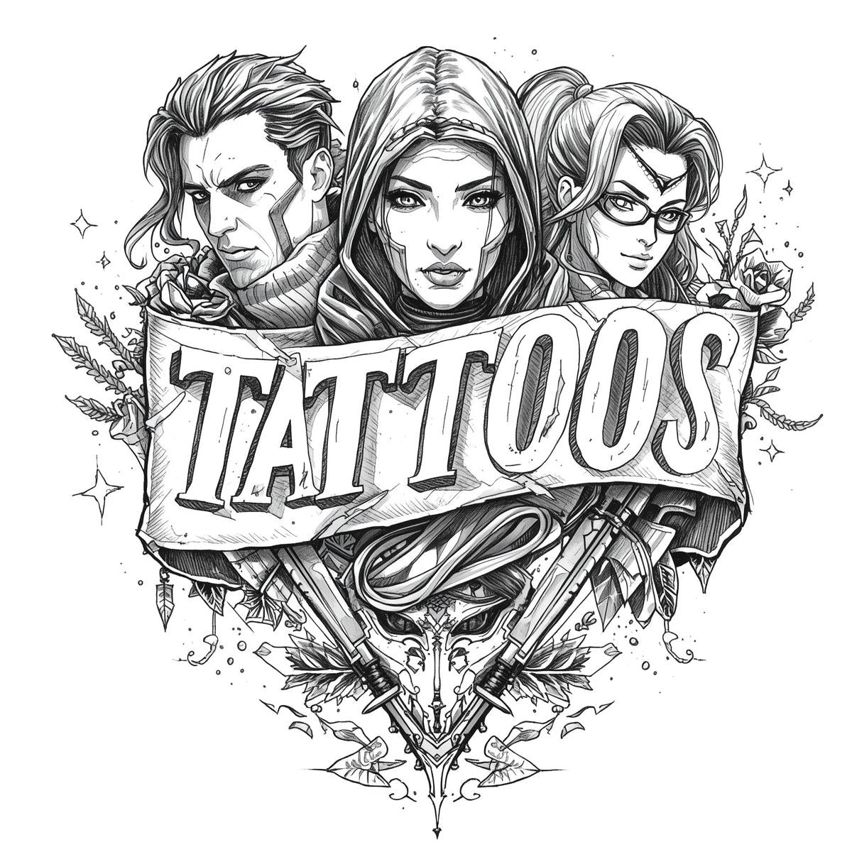 A black and white sketch of three fantasy characters with bold outlines and intricate details, exuding a mystical aura.