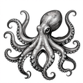 Detailed black and white illustration of an octopus with intricate linework emphasizing its tentacles.