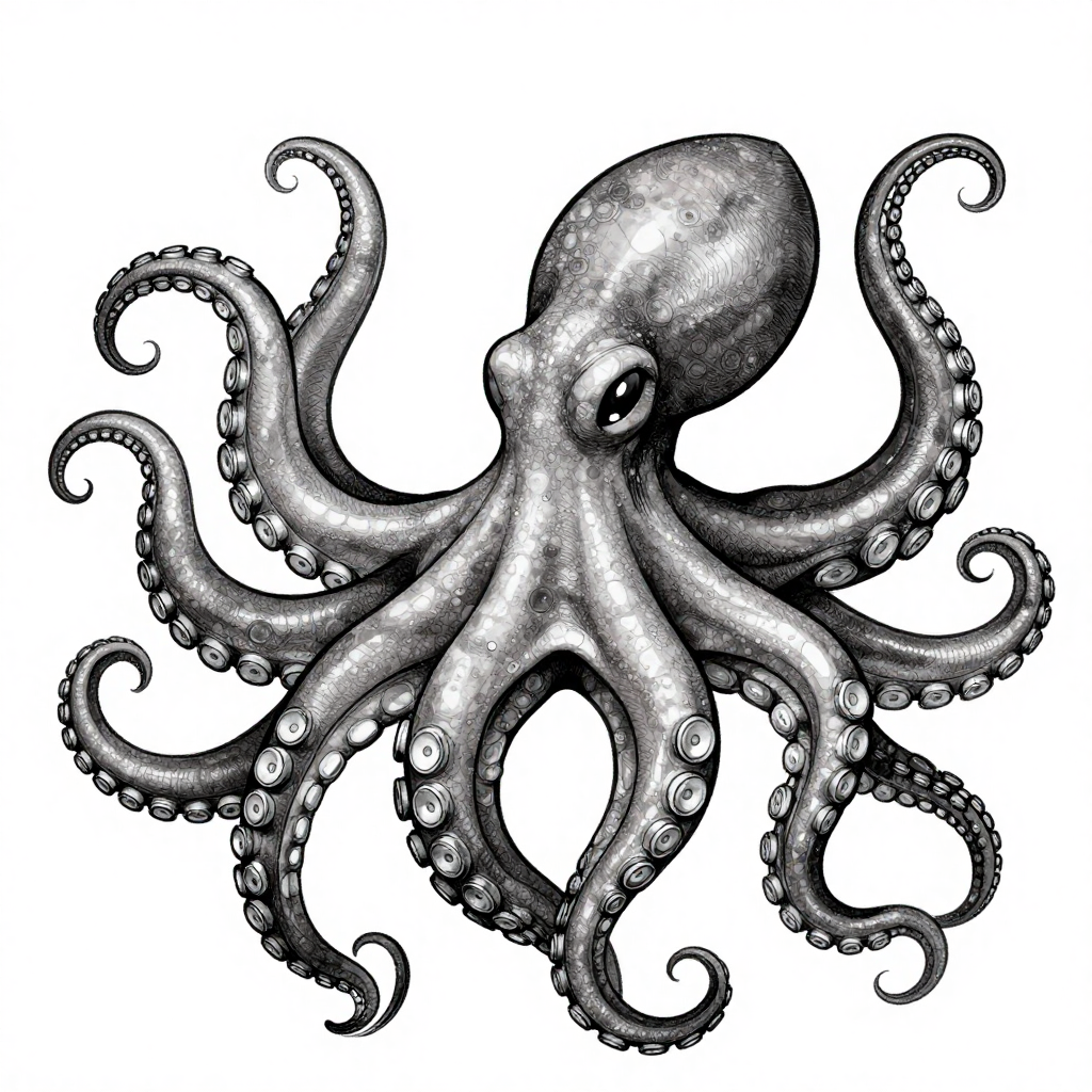 Detailed black and white illustration of an octopus with intricate linework emphasizing its tentacles.