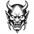 Illustration of a fierce Oni demon face with sharp horns in black and white.