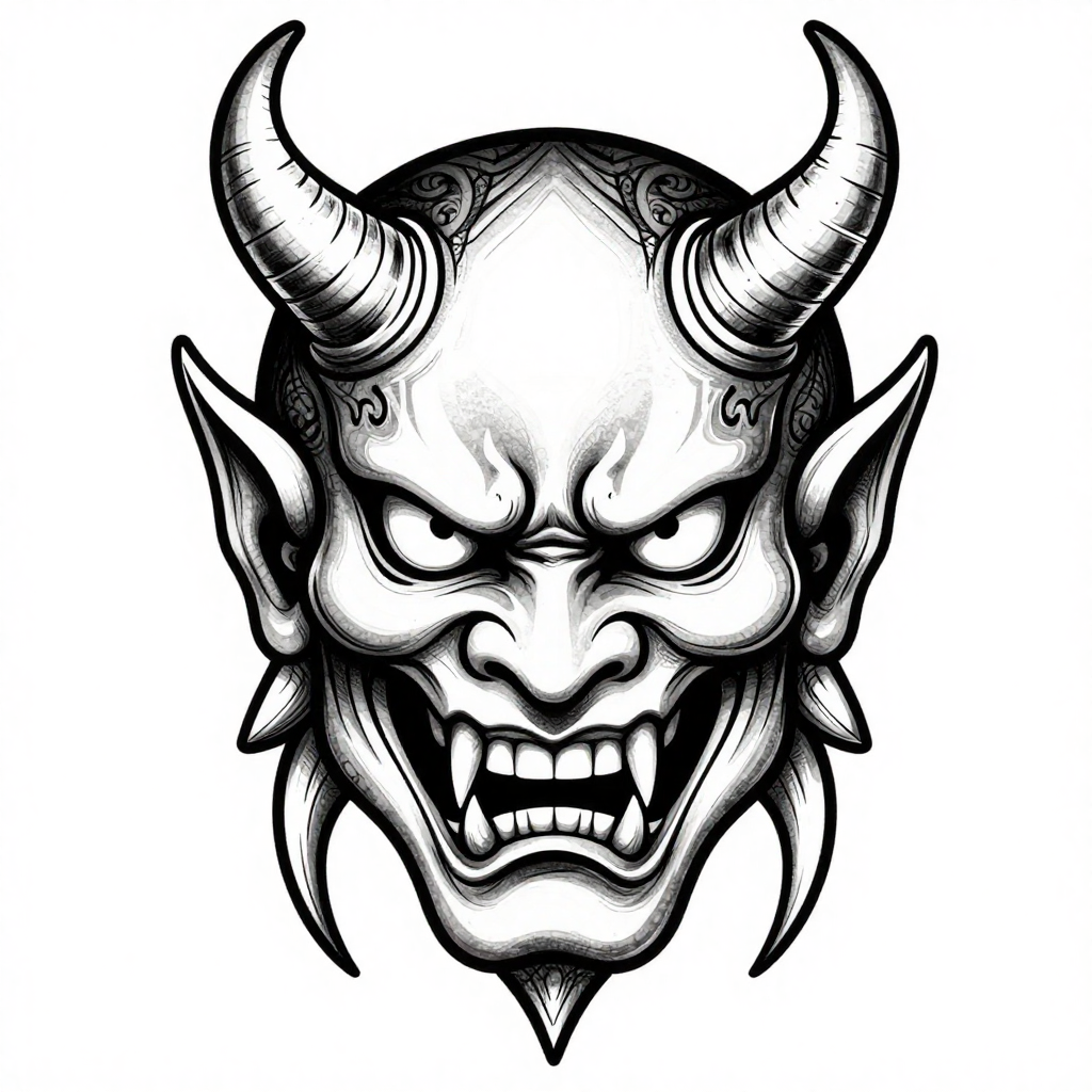 Illustration of a fierce Oni demon face with sharp horns in black and white.