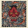 An Oni mask with horns surrounded by swirling waves and cherry blossoms in traditional Japanese style.