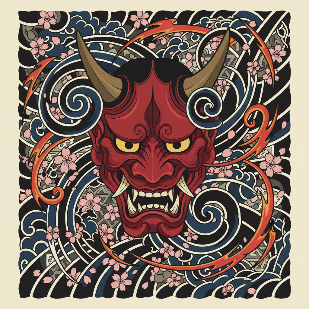 An Oni mask with horns surrounded by swirling waves and cherry blossoms in traditional Japanese style.