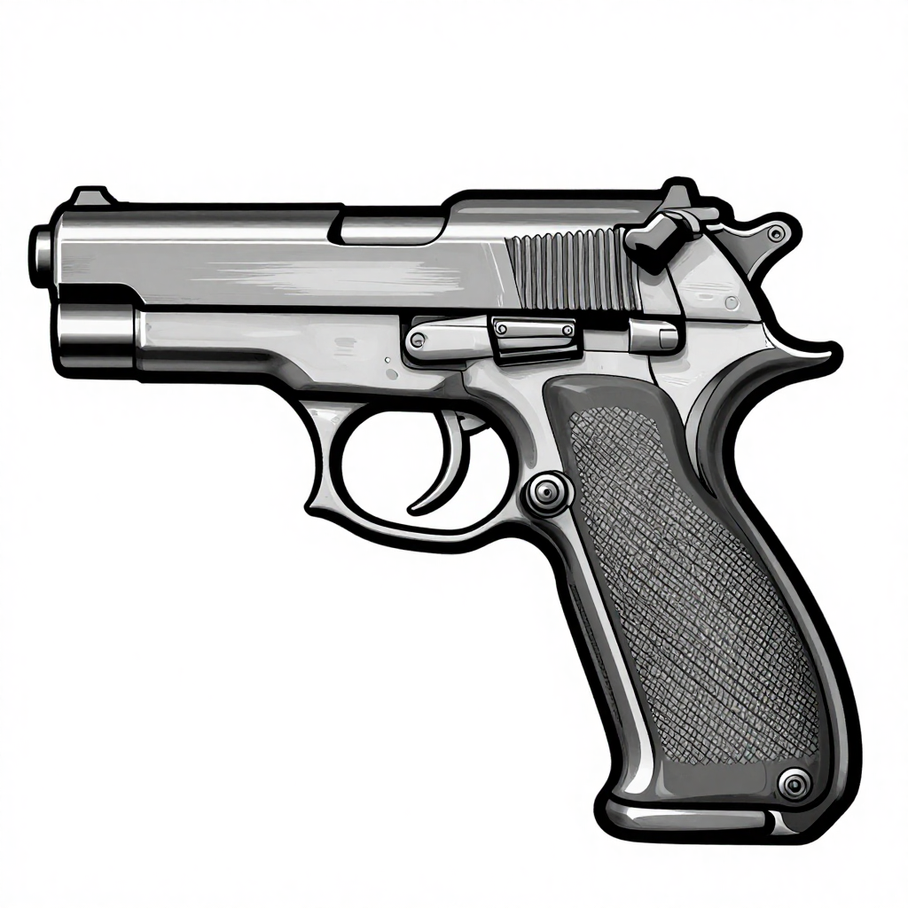 Black and white illustration of a pistol in neo-traditional style.