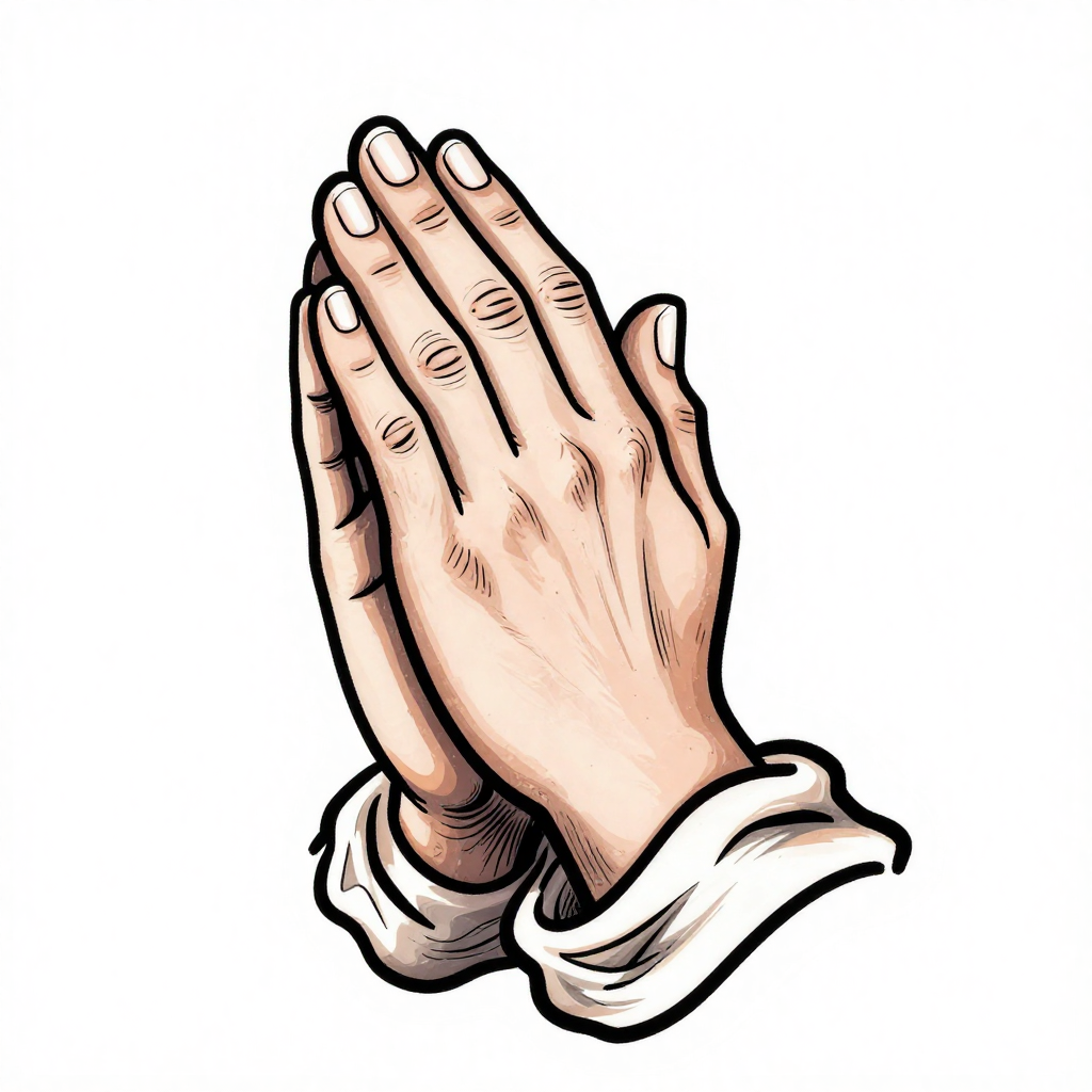 Illustration of hands folded in prayer with detailed line art and shading.