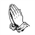 Illustration of praying hands in black and white linework.