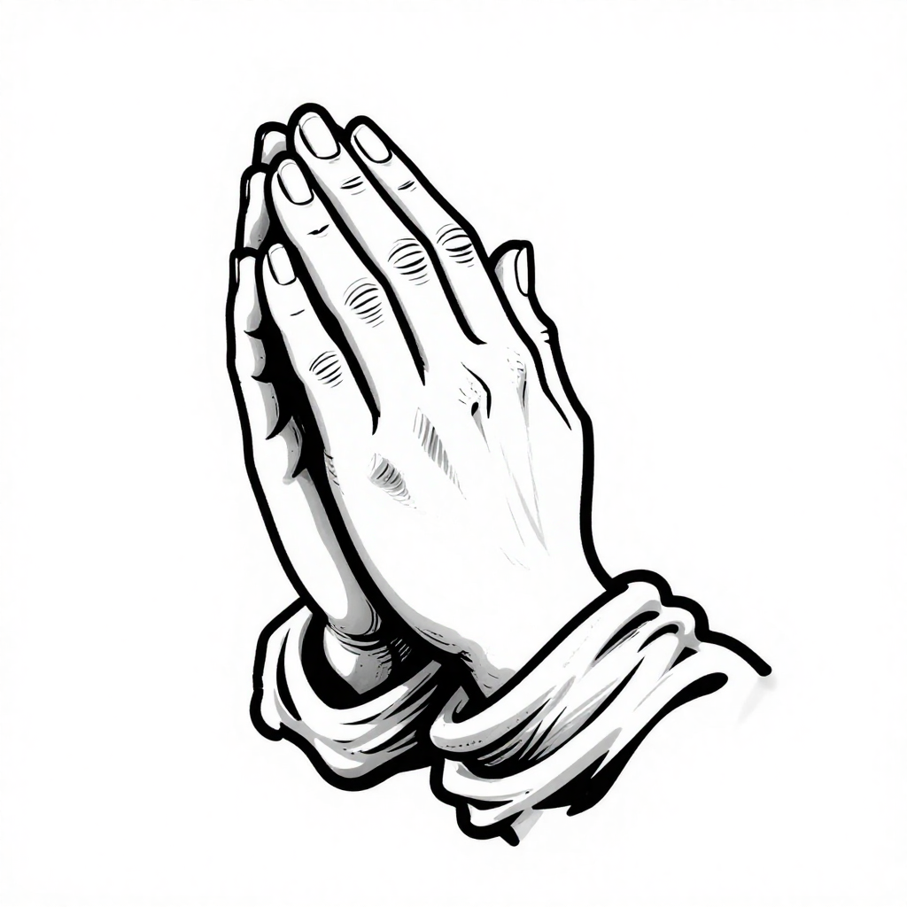 Illustration of praying hands in black and white linework.