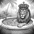A regal lion wearing a crown lounges in a hot tub, smoking a cigar in a jungle setting.