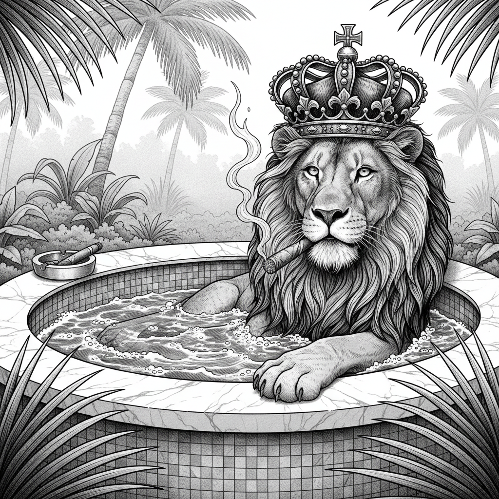 A regal lion wearing a crown lounges in a hot tub, smoking a cigar in a jungle setting.
