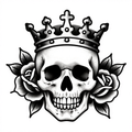 A crowned skull with roses in a neo-traditional style in black and white.