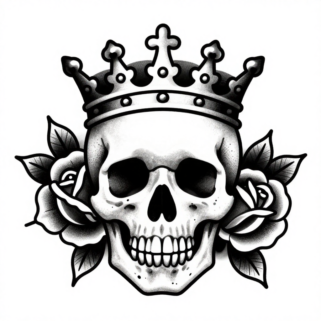 A crowned skull with roses in a neo-traditional style in black and white.