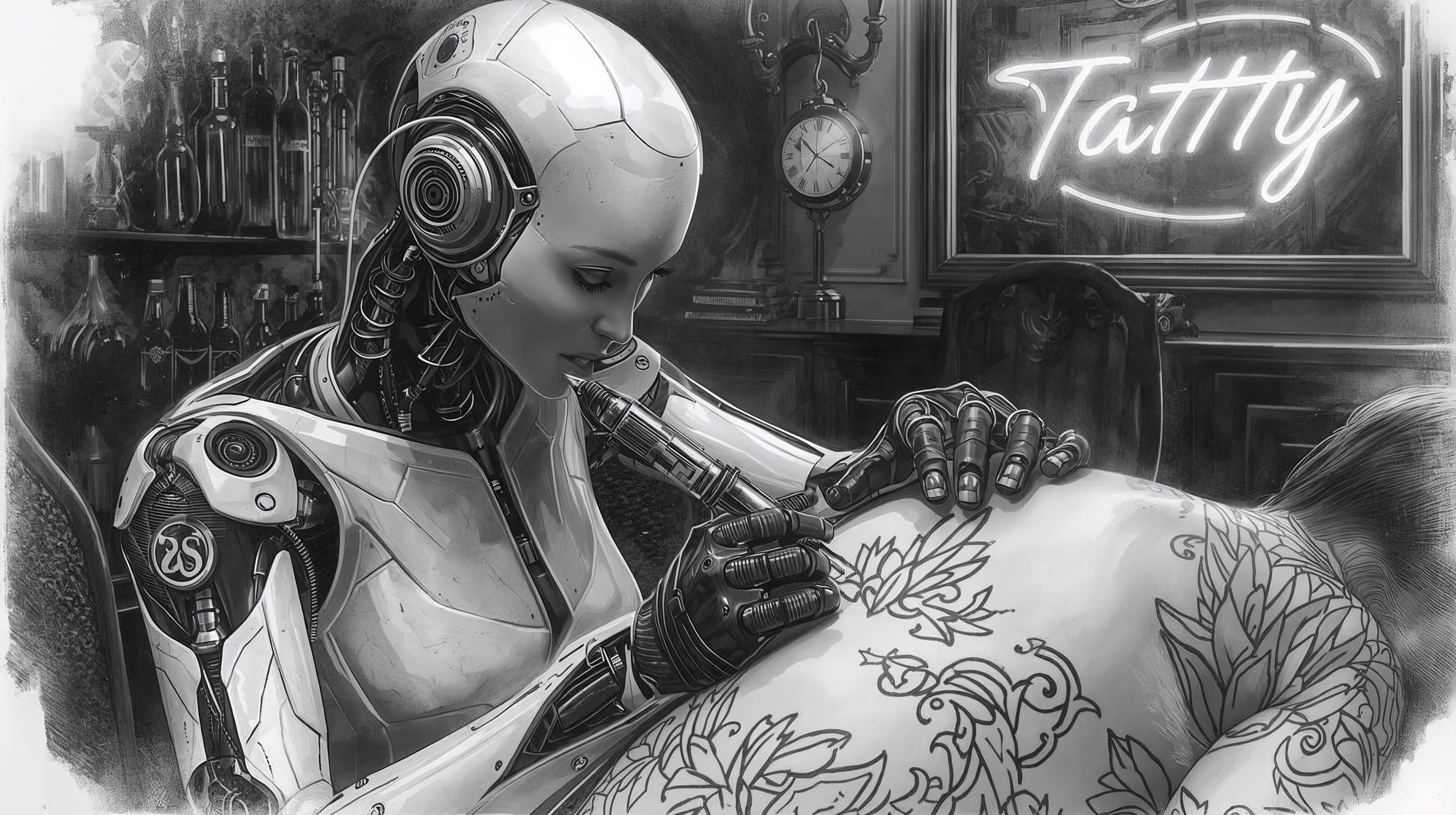 A robot meticulously applying intricate designs to a person's back in a futuristic setting.