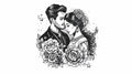 Black and white illustration of a couple in an embrace surrounded by flowers.