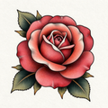 A red rose with vibrant petals and green leaves in a traditional art style.