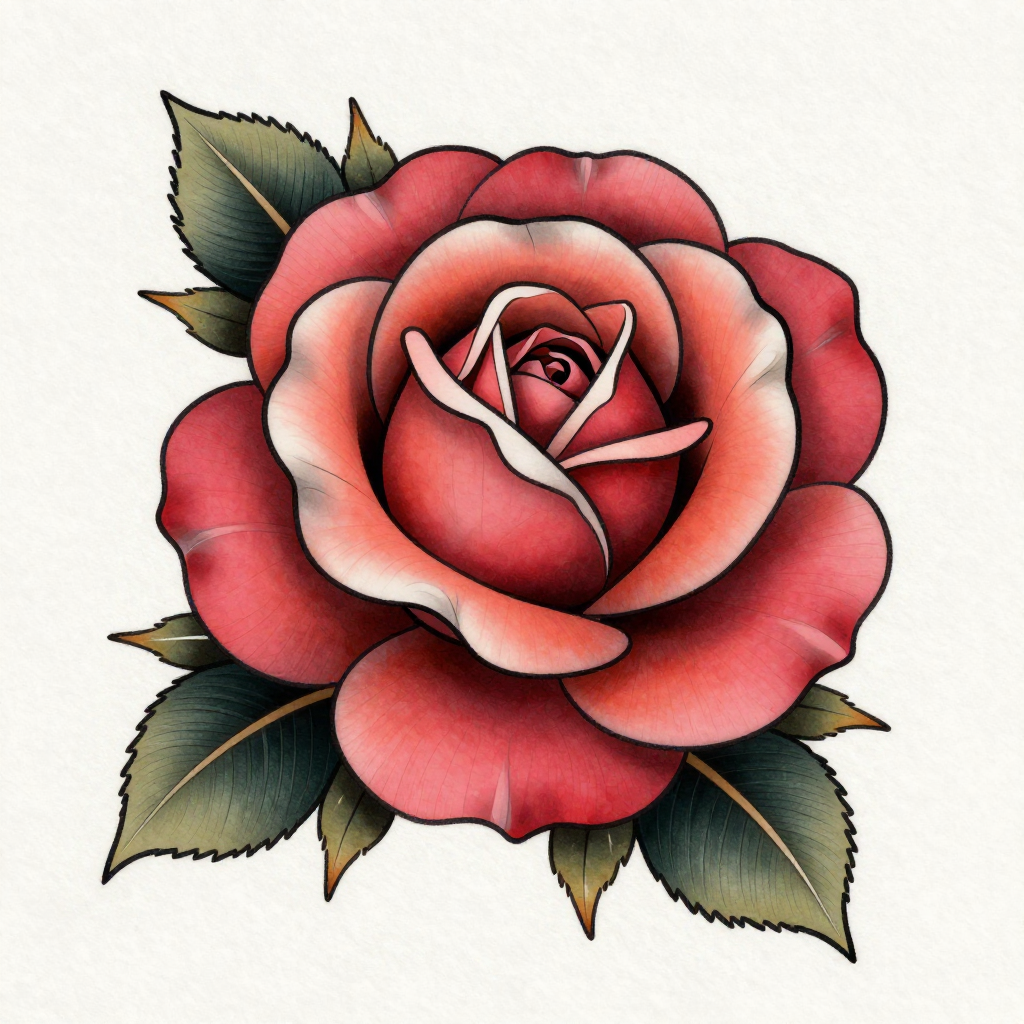 A red rose with vibrant petals and green leaves in a traditional art style.