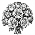 Intricate linework illustration of a rose bouquet in black and white.