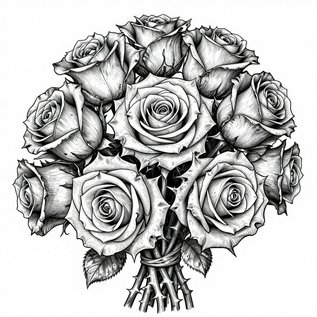 Intricate linework illustration of a rose bouquet in black and white.