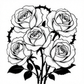 A detailed black and white illustration of a cluster of roses with thorny stems and leaves, focusing on intricate linework.